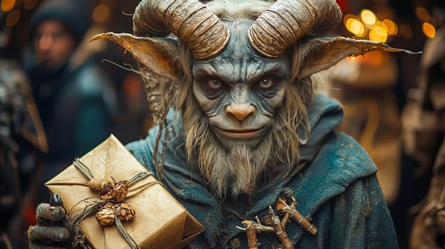 Portrait of the Christmas devil Krampus - Santa's scary helper, covered in black fur and with large goat horns. Generated with AI.