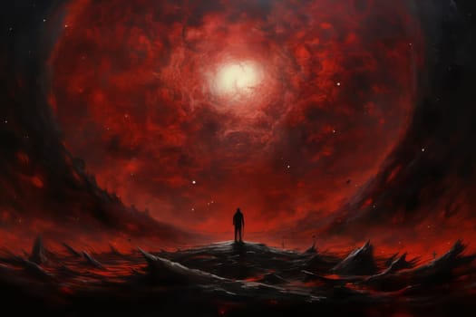 Dramatic cosmic scene featuring figure standing on jagged terrain under fiery red sky. Intense colors and swirling clouds create sense of mystery, adventure, evoking emotions of awe, exploration