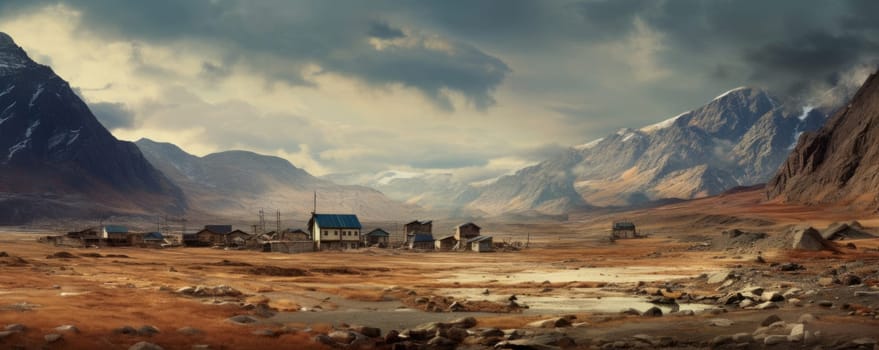 Stunning banner showcasing serene landscape featuring mountains, quaint village. Soft light bathes rolling hills, enhancing warm colors, inviting atmosphere, for promoting nature, travel, adventure