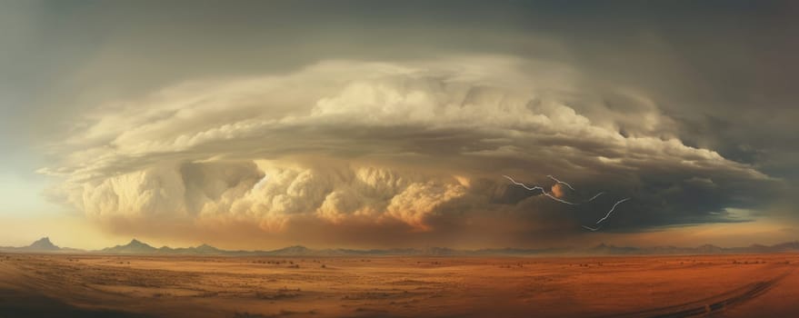Striking banner featuring dramatic sky with towering thunderclouds, flashes of lightning. Rich colors, expansive landscape create powerful scene, for promoting weather, nature, adventure themes