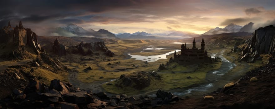 Beautiful banner showcasing breathtaking landscape with majestic mountains, serene river flowing past historic castle. Rich colors, dramatic lighting invite exploration, for travel, adventure themes.