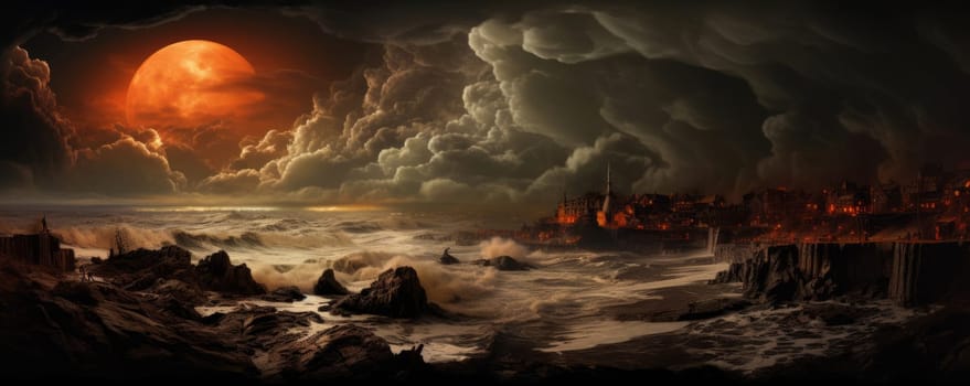 Dramatic banner capturing fierce ocean waves crashing against rugged cliffs under fiery sunset. Dark clouds loom overhead, creating intense atmosphere, for promoting adventure, coastal exploration