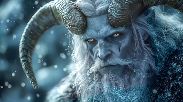 Portrait of the Christmas devil Krampus - Santa's scary helper, covered in black fur and with large goat horns. Generated with AI.
