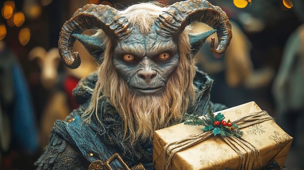 Portrait of the Christmas devil Krampus - Santa's scary helper, covered in black fur and with large goat horns. Generated with AI.