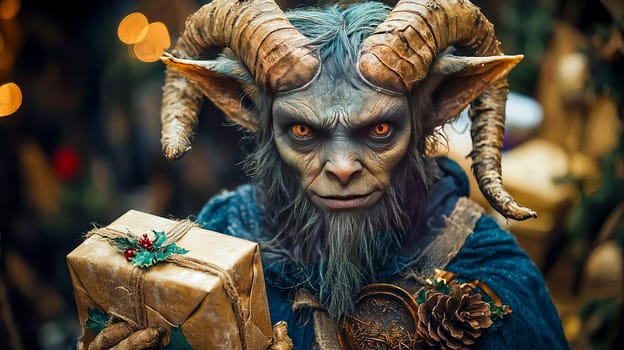 Portrait of the Christmas devil Krampus - Santa's scary helper, covered in black fur and with large goat horns. Generated with AI.