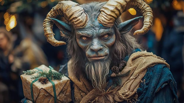 Portrait of the Christmas devil Krampus - Santa's scary helper, covered in black fur and with large goat horns. Generated with AI.