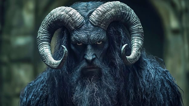 Portrait of the Christmas devil Krampus - Santa's scary helper, covered in black fur and with large goat horns. Generated with AI.