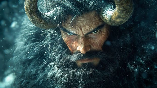 Portrait of the Christmas devil Krampus - Santa's scary helper, covered in black fur and with large goat horns. Generated with AI.