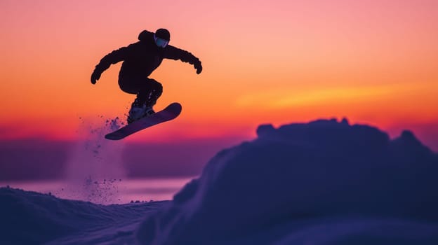 Winter thrill: snowboarder navigating snowy slopes of winter mountains, showcasing skill, adrenaline while enjoying breathtaking scenery and vibrant atmosphere of a snowy adventure