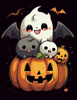 Cute cartoon children's illustration of a ghost with pumpkins. AI Generated