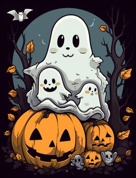 Cute cartoon children's illustration of a ghost with pumpkins. AI Generated