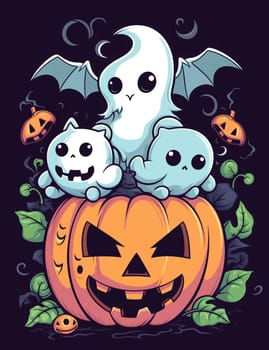 Cute cartoon children's illustration of a ghost with pumpkins. AI Generated