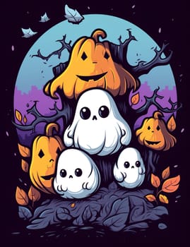 Cute cartoon children's illustration of a ghost with pumpkins. AI Generated