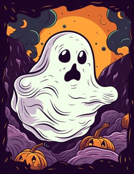 Cute cartoon children's illustration of a ghost with pumpkins. AI Generated