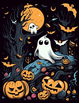 Cute cartoon children's illustration of a ghost with pumpkins. AI Generated