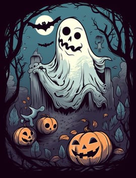 Cute cartoon children's illustration of a ghost with pumpkins. AI Generated