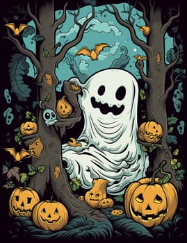 Cute cartoon children's illustration of a ghost with pumpkins. AI Generated