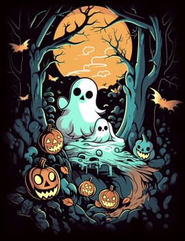 Cute cartoon children's illustration of a ghost with pumpkins. AI Generated