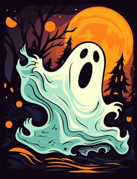 Cute cartoon children's illustration of a ghost with pumpkins. AI Generated