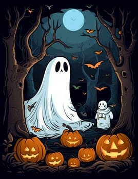 Cute cartoon children's illustration of a ghost with pumpkins. AI Generated