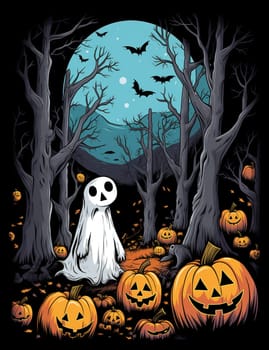 Cute cartoon children's illustration of a ghost with pumpkins. AI Generated