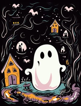 Cute cartoon children's illustration of a ghost with pumpkins. AI Generated