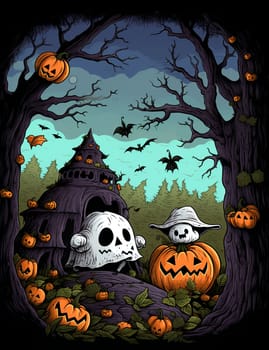 Cute cartoon children's illustration of a ghost with pumpkins. AI Generated