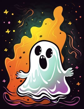 Cute cartoon children's illustration of a ghost with pumpkins. AI Generated