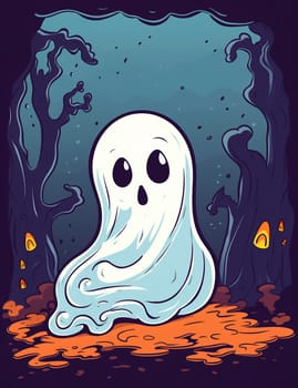 Cute cartoon children's illustration of a ghost with pumpkins. AI Generated