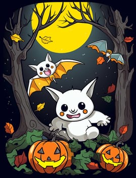 Cute cartoon children's illustration of a ghost with pumpkins. AI Generated