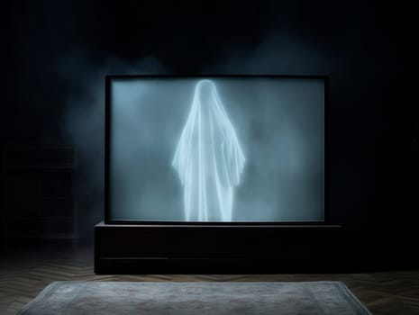 A TV set installed in a room at night shows static noise and a female ghost. A horror-themed scene.