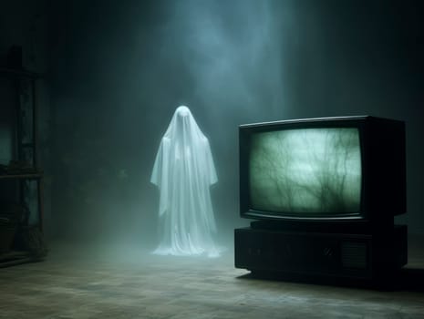 A TV set installed in a room at night shows static noise and a female ghost. A horror-themed scene.