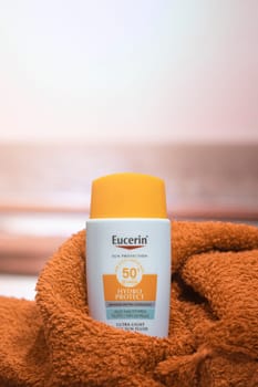 Rome, Lazio, Italy, 06 August 2023: Protective sunscreen with value 50 of the well-known brand Eucerin.