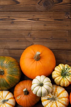 Many pumpkin top border over a rustic wood background