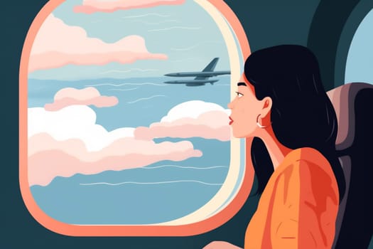 woman illustration trip aircraft train passenger muslim window journey tourist business character transportation seat female airliner plane comfort flight travel transport. Generative AI.