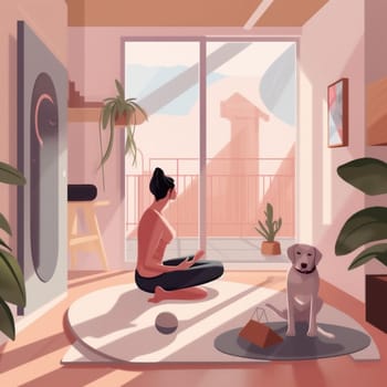 woman dog indoor yoga puppy gymnastics healthy happy fitness sport pose cartoon home exercise body lifestyle position training illustration pet zen. Generative AI.