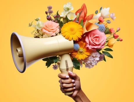 Loud woman yellow speech person news day announce loudspeaker communication voice speaker message attention sound flowers hand design megaphone bullhorn background