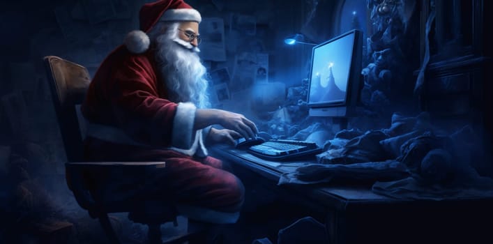 woman santa room family december laptop communication call winter happy christmas cheerful new year home computer holiday house character claus video. Generative AI.