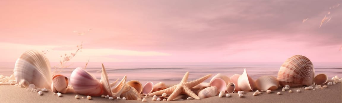border exotic beautiful seashell starfish tropical summer sand space shell copy sea banner holiday white collection beach frame relax ocean nature. Generative AI.