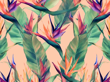 trendy illustration abstract jungle blossom seamless orange tree fabric flower red colorful beach pink beauty nature pattern tropical leaf eco. Generative AI.