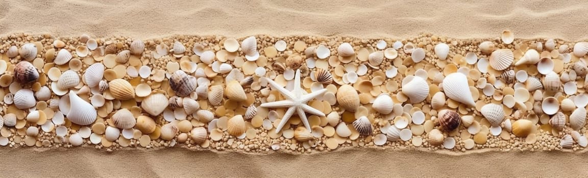 collection summer beach shell tropical banner concept exotic ocean seasonal background nature sand sea holiday coral landscape sale shore marin. Generative AI.