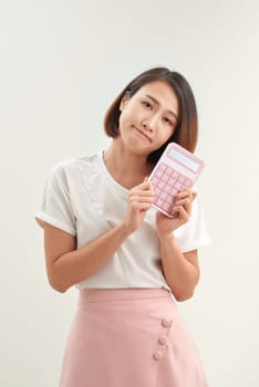 young woman with calculator, isolated on white background