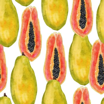 watercolor hand drawn seamless pattern illustration with tropical exotic ripe papaya fruit orange yellow with black seeds healthy trendy food for vegan vegetarian diet for kitchen textile fabrics menu. trendy colorful tropical print