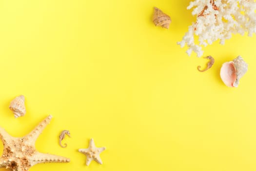 Seashells and starfish on yellow isolated background. Top view. Sandy beach concept. Corals and seahorses. Flat lay.