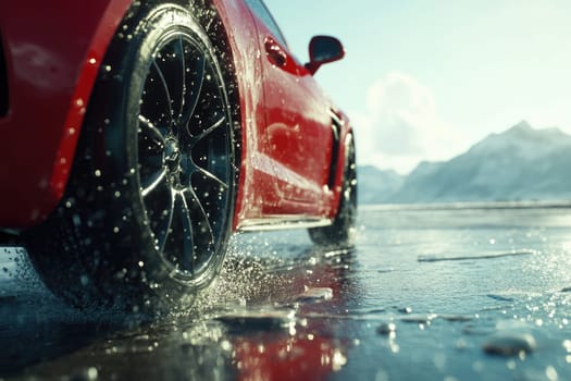 Safe journey: vehicle cautiously navigating a damp roadway, emphasizing the importance of driving safety and vehicle control on slippery surfaces while adapting to challenging wet road conditions