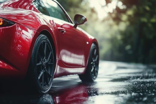 Cautious drive: vehicle carefully maneuvers on a slick road, illustrating the significance of maintaining control and awareness in adverse weather conditions to ensure safety and prevent accidents