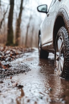 Safe journey: vehicle cautiously navigating a damp roadway, emphasizing the importance of driving safety and vehicle control on slippery surfaces while adapting to challenging wet road conditions