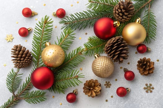 A beautiful arrangement of Christmas ornaments, pine branches, and pinecones, creating a festive and inviting scene. Red and gold Christmas ornaments, pine branches, and pinecones create a festive and elegant display. A collection of Christmas ornaments, pine branches, and pinecones create a festive and joyful scene. This festive arrangement of Christmas ornaments, pine branches, and pinecones is sure to bring holiday cheer to any room.