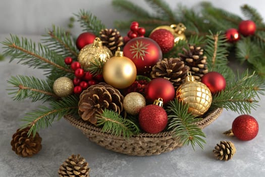A beautiful arrangement of Christmas ornaments, pine branches, and pinecones, creating a festive and inviting scene. Red and gold Christmas ornaments, pine branches, and pinecones create a festive and elegant display. A collection of Christmas ornaments, pine branches, and pinecones create a festive and joyful scene. This festive arrangement of Christmas ornaments, pine branches, and pinecones is sure to bring holiday cheer to any room.