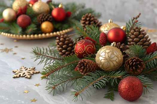 A beautiful arrangement of Christmas ornaments, pine branches, and pinecones, creating a festive and inviting scene. Red and gold Christmas ornaments, pine branches, and pinecones create a festive and elegant display. A collection of Christmas ornaments, pine branches, and pinecones create a festive and joyful scene. This festive arrangement of Christmas ornaments, pine branches, and pinecones is sure to bring holiday cheer to any room.